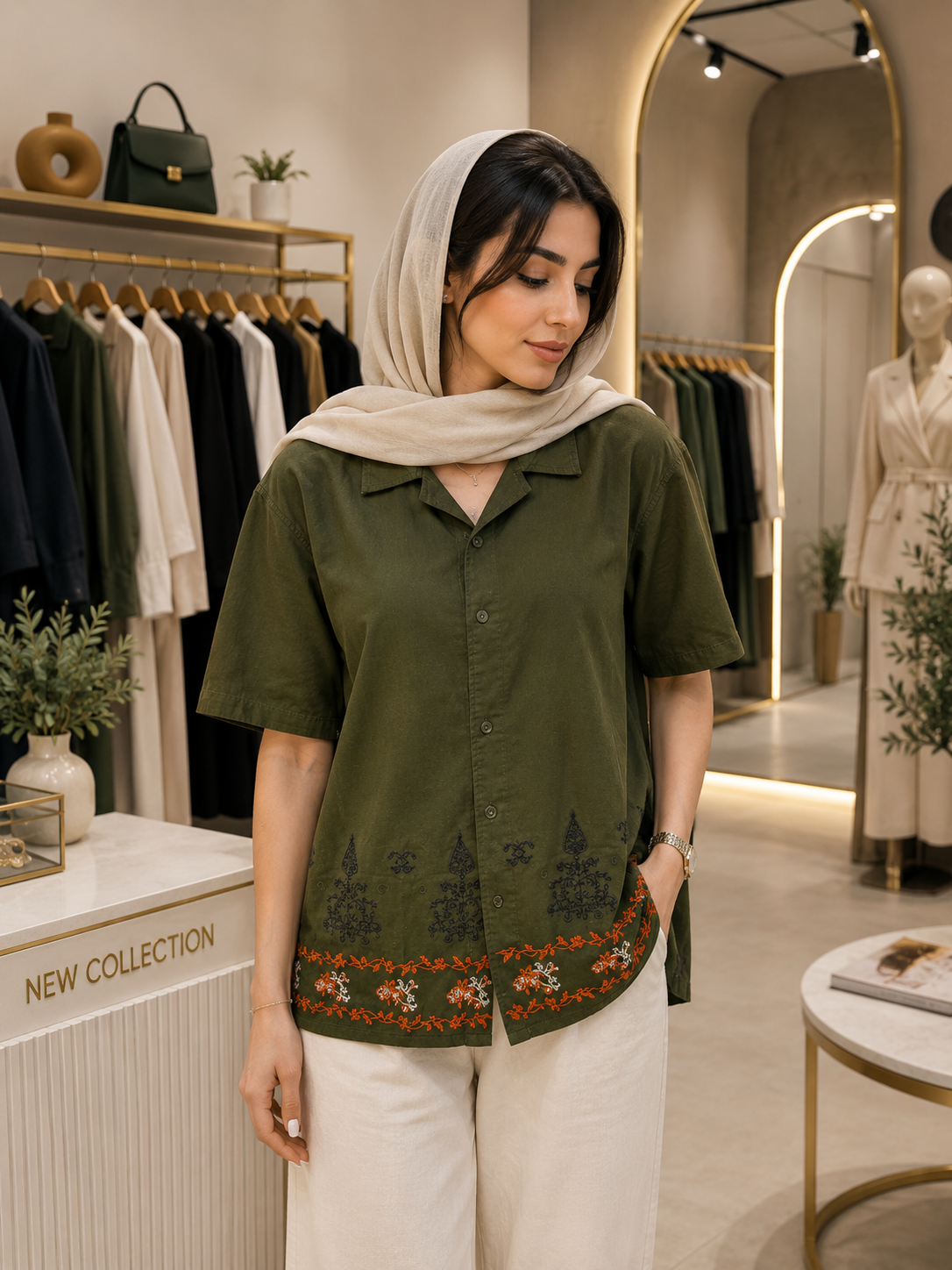 پیراهن زنانه کتان گلدوزی‌دار مدل یقه‌دار  فری سایز تا سایز ۴۶